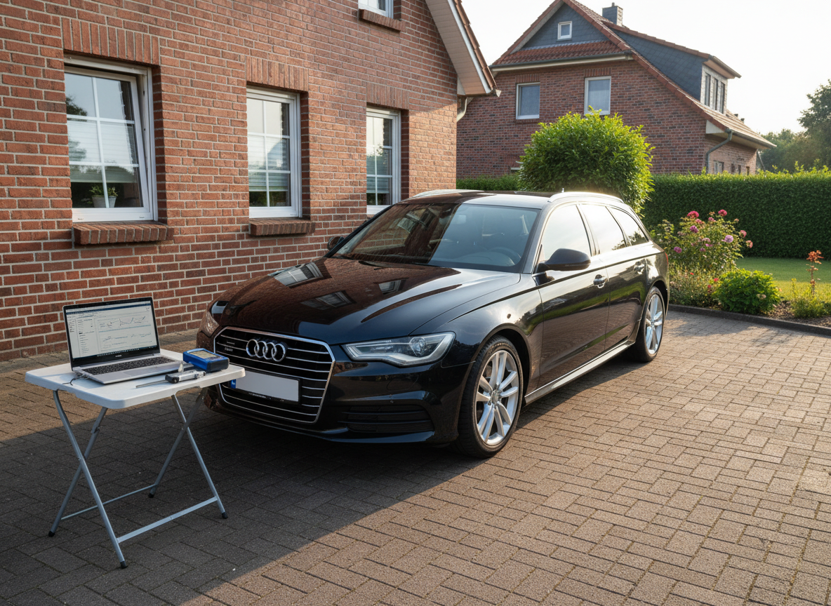An orderly home driveway scene in Norderstedt with a dark estate car parked neatly in front of a red-brick house and a small, tidy garden. The vehicle appears undamaged and clean, positioned side-on for a complete profile view. On a portable folding table beside the car lie an open laptop showing a blurred valuation interface, a digital caliper, and a compact OBD diagnostic device. Late afternoon natural light with a gentle golden tone casts soft shadows and subtle highlights on the car’s bodywork. Photographic realism with an eye-level, wide-angle composition suggests a mobile, on-site vehicle valuation service, radiating trust, independence and competence.