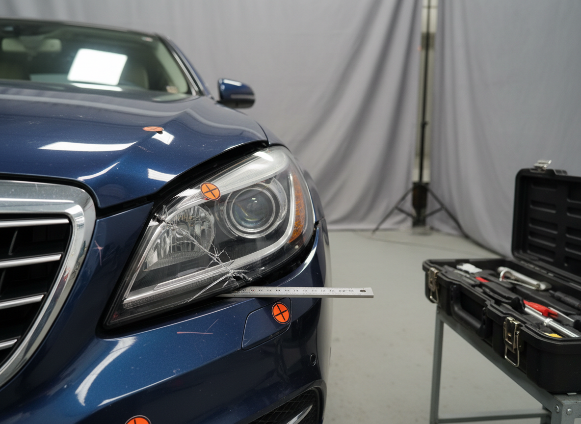 A close-up, highly detailed view of a dark blue car’s front fender and headlight area showing clearly documented collision damage: cracked plastic, subtle paint transfers and measured gaps between panels. Adhesive markers and a small folding measuring ruler are precisely positioned around the damage. In the background, slightly blurred, stands a neutral grey portable backdrop and an organized, closed tool case. Cool, diffused indoor lighting from a workshop ceiling creates soft reflections on the metallic paint without glare. Photographic realism with a shallow depth of field and a slightly angled composition emphasizes technical accuracy, calm professionalism and thorough damage documentation for insurance and liability assessments.