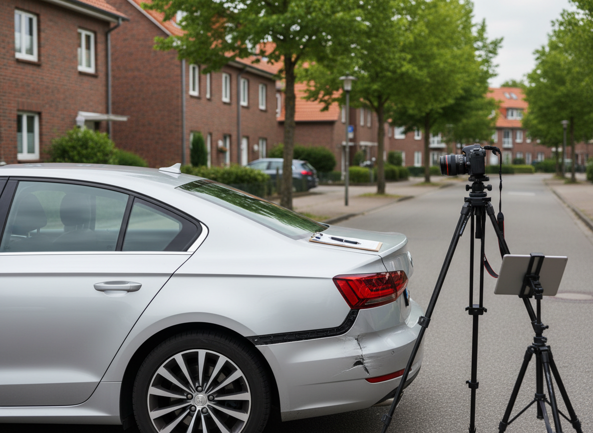 A modern, well-maintained silver sedan with visible but moderate accident damage to the rear bumper, carefully parked on a clean paved surface in an urban Norderstedt side street. Surrounding it are neat brick buildings and a few leafy trees in early summer greenery. A sturdy, open measuring tripod and a digital camera on a stand are positioned near the damaged area, with a neat clipboard and pen resting on the car roof. Soft, slightly overcast daylight creates even, neutral illumination with minimal harsh shadows. Photographic realism at eye level, using a balanced composition and medium depth of field, conveys professionalism, precision and objective vehicle assessment for an independent Kfz-Gutachter service.