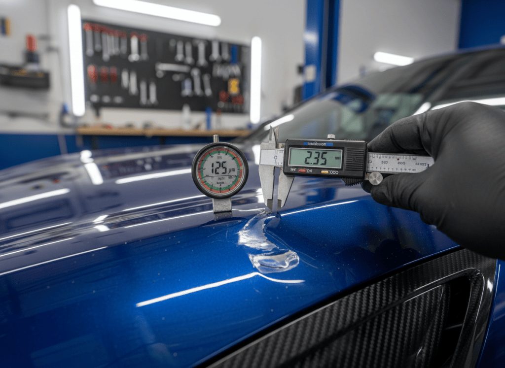 Close-up of a professional automotive measurement tool and digital caliper measuring paint thickness and body panel damage on a car, hands with precision instrument, clean detailed macro photography, professional garage lighting