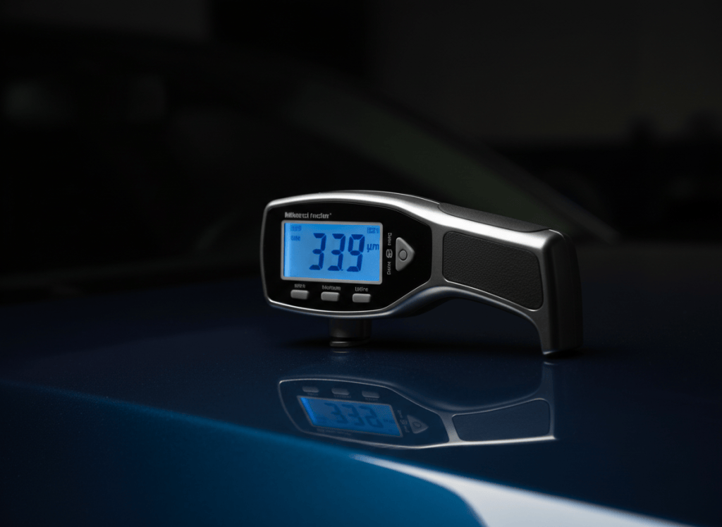 Close-up photo of a professional paint thickness gauge / lacquer measuring device being used on a car body panel. Dark background, dramatic lighting, showing the digital display reading 339 micrometers. Professional automotive inspection tool, photorealistic.
